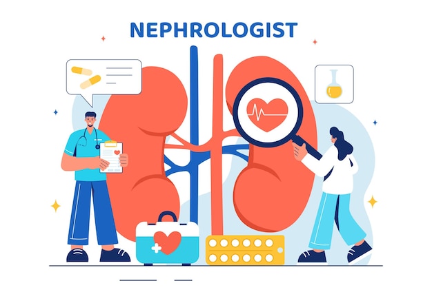 nephrologist vector illustration featuring a cardiologist proctologist and kidney treatment on a flat style cartoon healthcare background