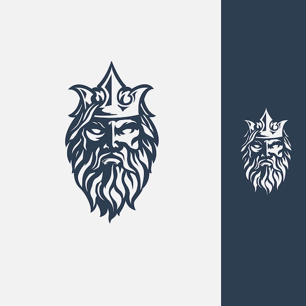 Нептун Бог греческой короны лицо человека с бородой и усами дизайн логотипа векторная иллюстрация