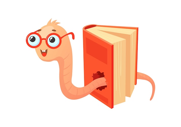 Nerd boekenwurm. cartoon worm leren van kinderboek voor studentenonderwijs, vector