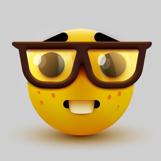 Emoji faccia nerd, emoticon intelligente con gli occhiali. geek o studente.