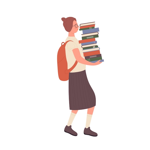 Vector nerd girl carrying pile of books