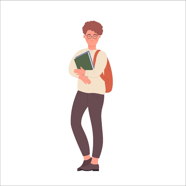 Nerdjongen met rugzak en boeken