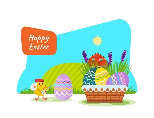 Vector a nestling painting easter eggs with a brush and paint