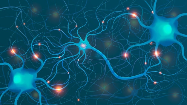 Netcompositie van de neurowetenschap met grafische visualisatie die neurale synapsen en verbindingen met gloeiende lichten en kanalen vertegenwoordigt, vectorillustratie