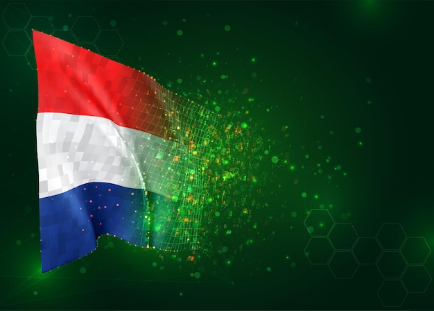 Netherlands, 3d flag on green background with polygons