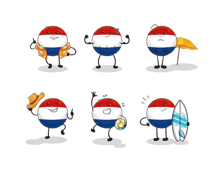 Vector 네덜란드 해변 휴가 세트 캐릭터 만화 마스코트 벡터