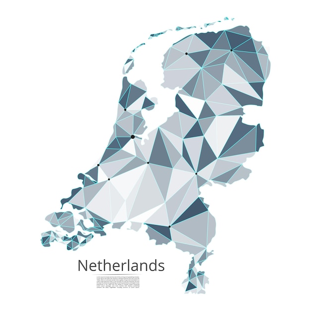 オランダの通信ネットワークマップフォームにライトが付いたグローバルマップのベクトル低ポリゴン画像