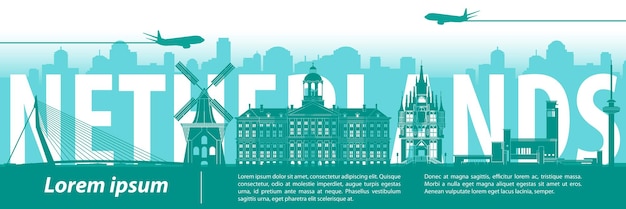 Vector netherlands famous landmarks by silhouette style