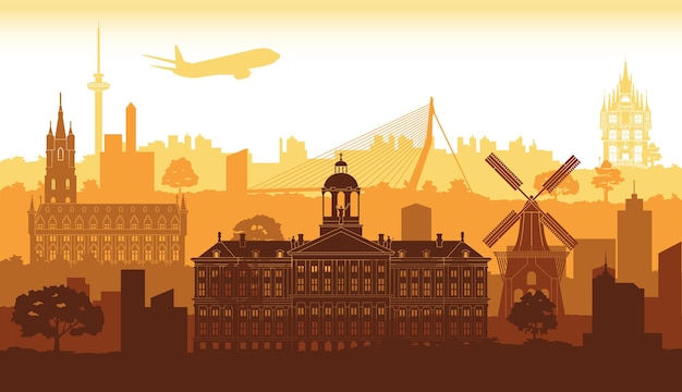 Vector netherlands famous landmarks by silhouette style