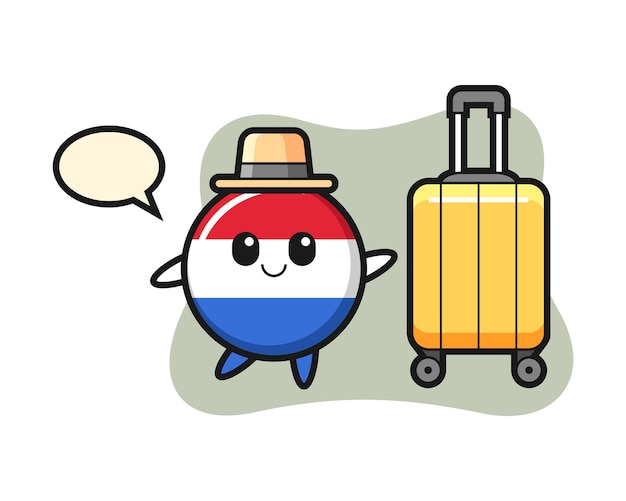 Netherlands flag badge cartoon illustration with luggage on vacation