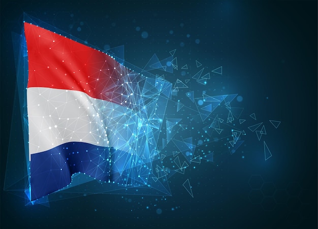 Нидерланды, флаг, виртуальный абстрактный 3D-объект из треугольных многоугольников на синем фоне