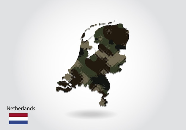위장 패턴이 있는 네덜란드 지도 지도의 숲 녹색 질감 육군 군인 및 전쟁 국장 플래그에 대한 군사 개념
