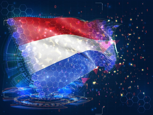 Vettore oggetto 3d astratto virtuale della bandiera vettoriale olandese da poligoni triangolari su sfondo blu