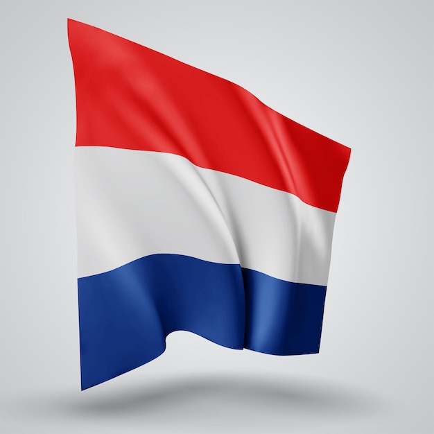 Нидерланды, векторный флаг с волнами и изгибами, махающими на ветру на белом фоне.