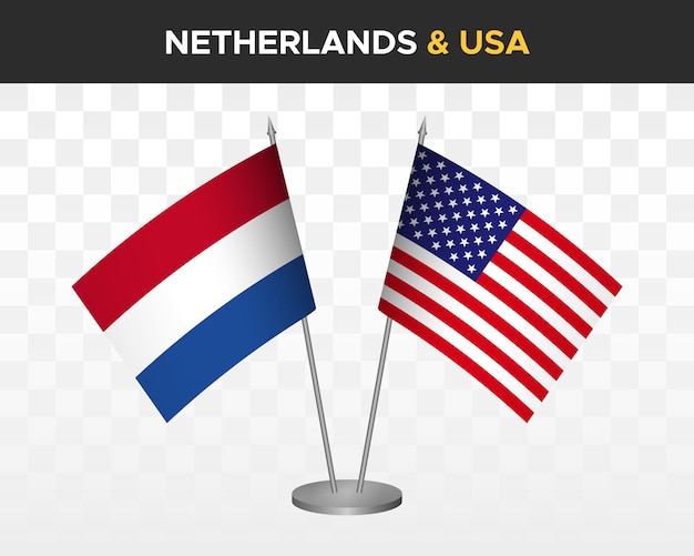 Netherlands vs USA united states america desk flags mockup 3d vector illustration dutch table flag