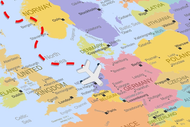 Netherlands with plane and dashed line on europe map, close up Netherlands, vacation concept, flight