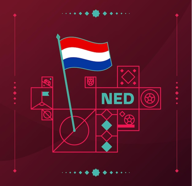 Bandiera ondulata vettoriale del torneo mondiale di calcio olandese 2022 appuntata su un campo di calcio con elementi di design fase finale del torneo di calcio mondiale 2022 colori e stile del campionato non ufficiale