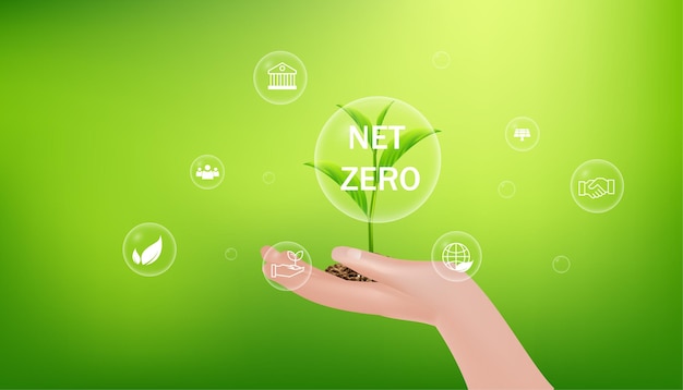 Netto nul en koolstofneutraal concept Netto nul broeikasgasemissiedoelstelling met groene zaailingen