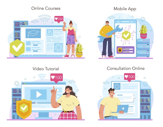 Netwerkingenieur online service of platformset. Specialist in het opzetten, ontwikkelen en onderhouden van computernetwerken. Online cursus, consultatie, video-tutorial, mobiele app. Platte vectorillustratie