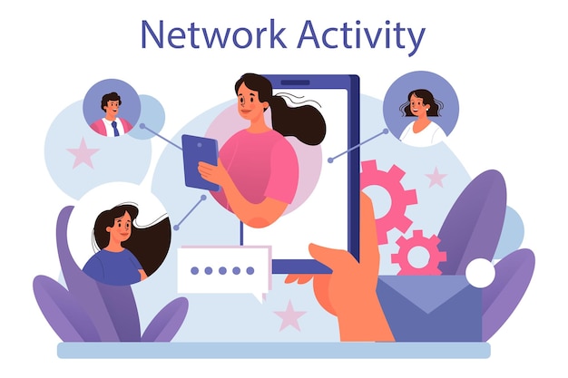 Network activity customer attention and business communication monitoring and optimization using network for posting and sharing content global comunication idea vector flat illustration