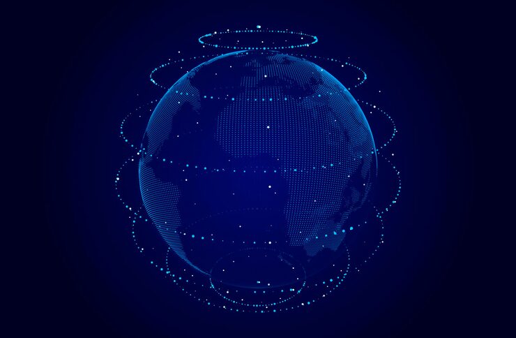 Vector 네트워크 연결 구조 행성에서 디지털 연결 데이터를 가진 추상적인 기술 배경 점의 지도 지구 블록체인 개념  ⁇ 터 일러스트레이션