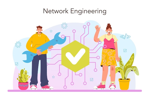 Network engineer. Specialist setting up, developing and maintaining computer networks. Administrator working in data center. Flat vector illustration