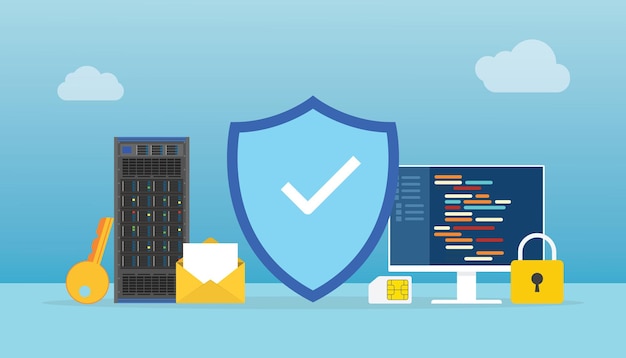 network security concept with shield and padlock server with programming language with modern flat style
