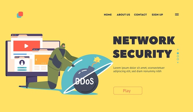 Network security landing page template ddos and digital information cyber protection privacy cartoon illustration