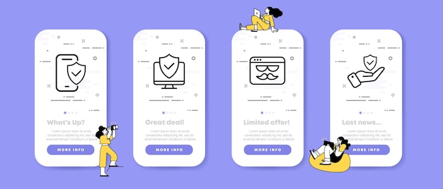 Значок набора сетевой безопасности Телефон защита компьютера вкладка инкогнито рука пользователь личных данных Технологическая концепция UI экраны приложений телефона с людьми Значок векторной линии для бизнеса и рекламы