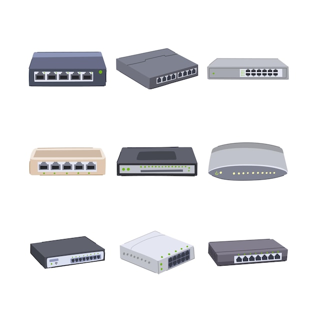 network switch set cartoon vector illustration