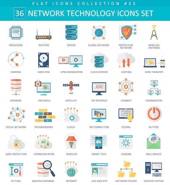 Network technology flat icons set