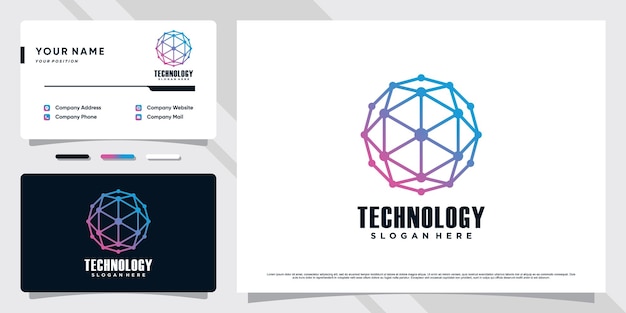 Illustrazione del design del logo della tecnologia di rete con elemento esagonale e modello di biglietto da visita