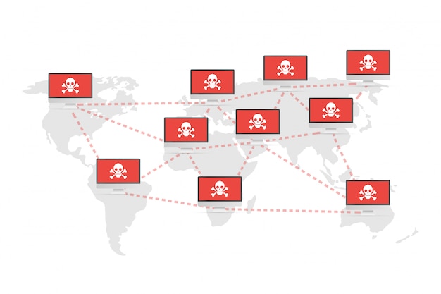 Network vulnerability - virus, malware, ransomware, fraud, spam, phishing, hacker attack . vector illustration.