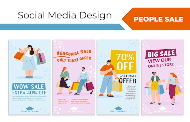 Vector network web banner set with flat people shopping