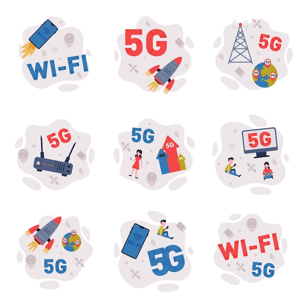 네트워크 무선 기술 세트 5G 글로벌 네트워크 고속 연결 만화 터 일러스트레이션