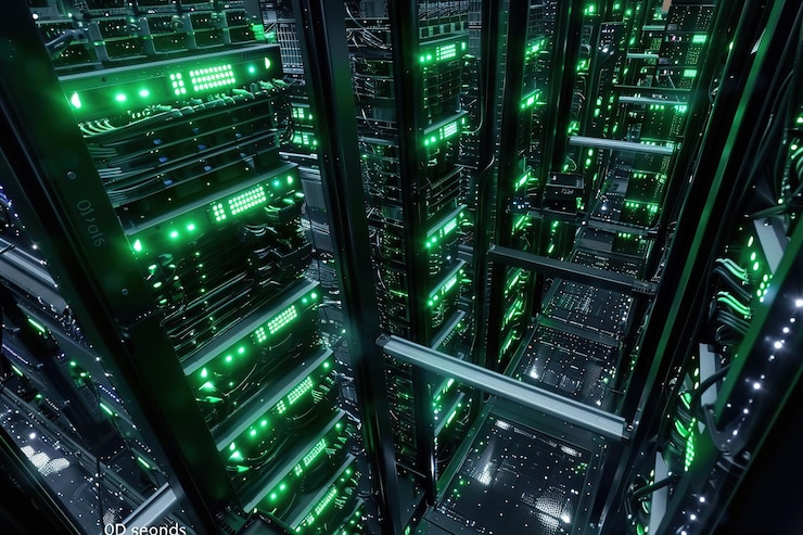 Vector network workstation server room concept 3d illustration