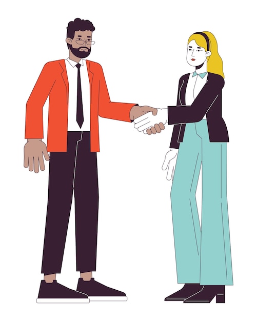 Networking businesspeople flat line vector spot illustration Hands shaking diversity 2D cartoon outline characters on white for web UI design Negotiating handshake editable isolated color hero image