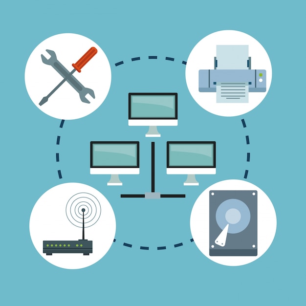 아이콘 주위에 네트워킹 컴퓨터 기술 요소