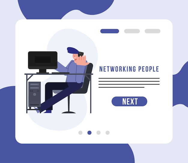 Networking people and man at desk