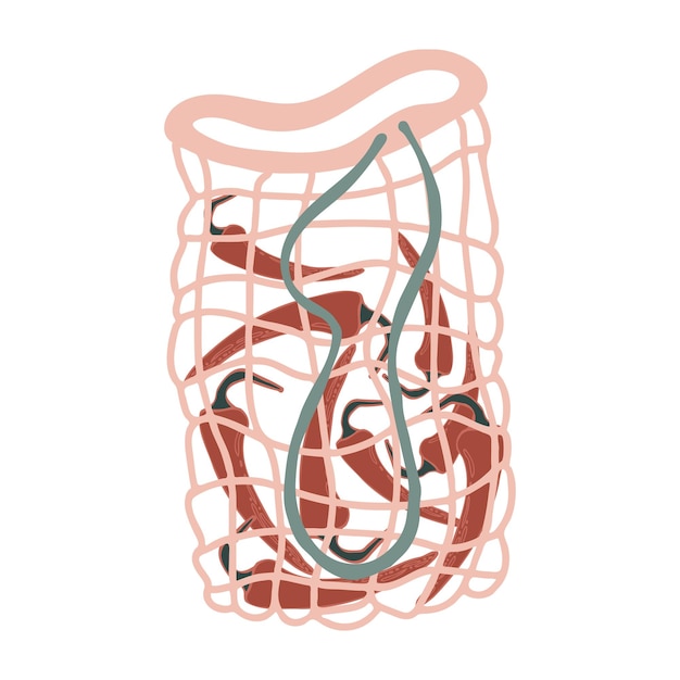 Vector netzak met chilipepers voor eco-vriendelijk leven geïsoleerde vector fashion koper van het vegan zero waste-concept kleurrijke hand getekende vectorillustratie voor banner briefkaart poster