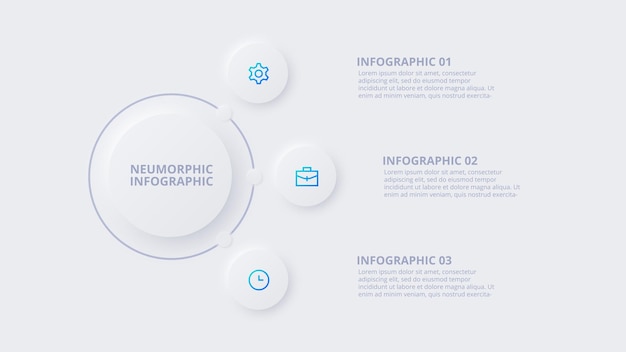 Neumorfe cirkelelementen voor infographic Sjabloon voor diagramgrafiekpresentatie en grafiek Skeuomorph-concept met 3 opties, onderdelen, stappen of processen