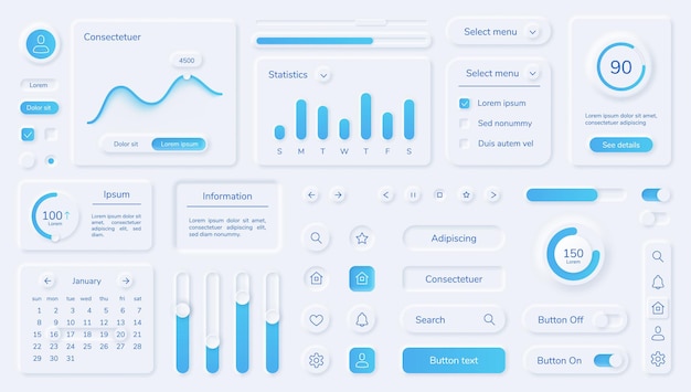 Neumorfe gebruikersinterface-elementen, ui-ontwerpkit voor mobiele apps. Knoppen, balken, schuifregelaars in neumorfismestijl voor website- of dashboardvectorset