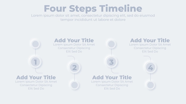 Neumorfe zakelijke tijdlijn met 4 stappen of opties infographic presentatiesjabloon