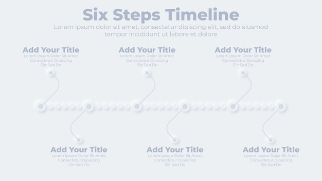 Neumorfe zakelijke tijdlijn met 6 stappen of opties infographic presentatiesjabloon