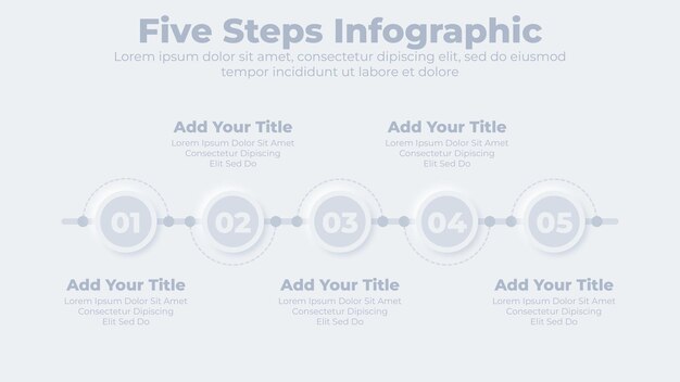Vector neumorfe zakelijke tijdlijn met infographic presentatiesjabloon met 5 stappen of opties