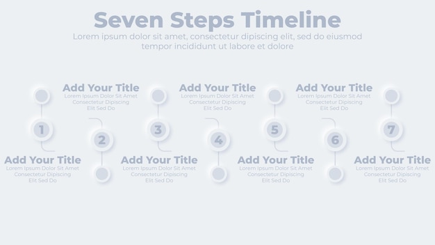 Neumorfe zakelijke tijdlijn met infographic presentatiesjabloon met 7 stappen of opties