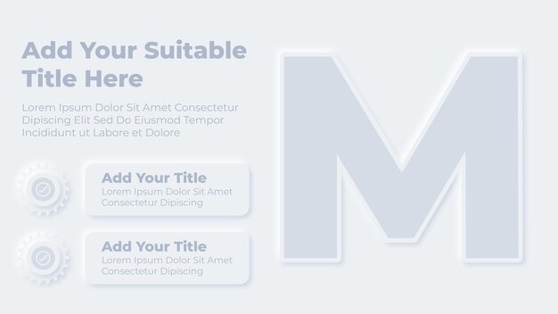 Vector neumorphic alfabet letter m en stappen infographic presentatiesjabloon