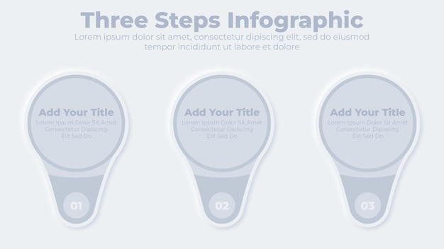 Vettore modello di presentazione infografica di 3 passaggi o opzioni di affari neutromorfici