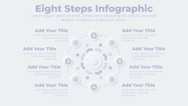 Neumorphic business 8 steps or options infographic presentation template