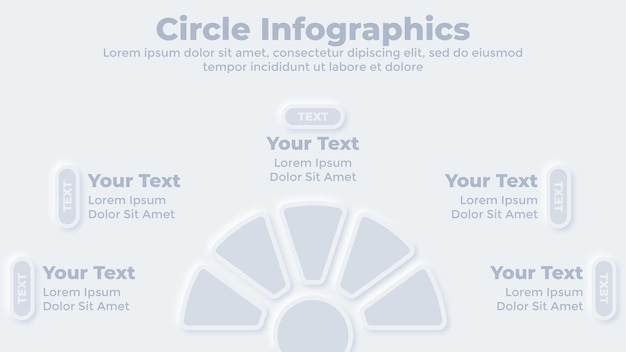 Concetto creativo infografico del diagramma di flusso aziendale neumorfico con modello di presentazione in 5 passaggi